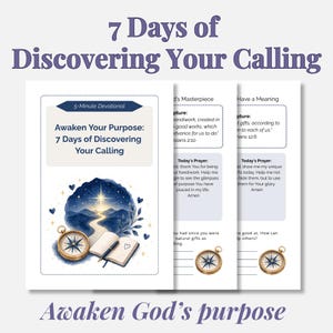 May include: A devotional guide titled "Awaken Your Purpose: 7 Days of Discovering Your Calling." The design features a compass, open book, and a starry night illustration. The text "Awaken God's purpose" is also visible.