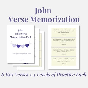 Könnte beinhalten: Ein Set von John Bibelvers-Memorierungskarten. Das Cover zeigt einen Titel und lila Herzdekorationen. Der Text lautet "4 Übungsstufen für jeden Vers" und "8 Schlüsselverse • 4 Übungsstufen pro Vers."