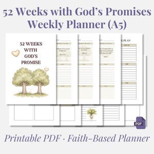 Op de afbeelding: Een weekplanner getiteld "52 Weken met Gods Beloften". De omslag toont aquarel illustraties van bomen en harten. De planner is A5-formaat en bevat secties voor wekelijkse planning en notities. De tekst "Printable PDF - Faith-Based Planner" staat onderaan.