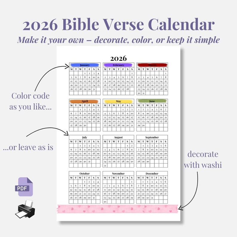 2026 Bible Verse Calendar Printable | Monthly Scripture Planner PDF ...