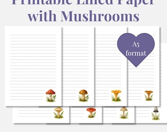 Mushroom Lined Paper: A5 Journal Stationery (PDF Download)