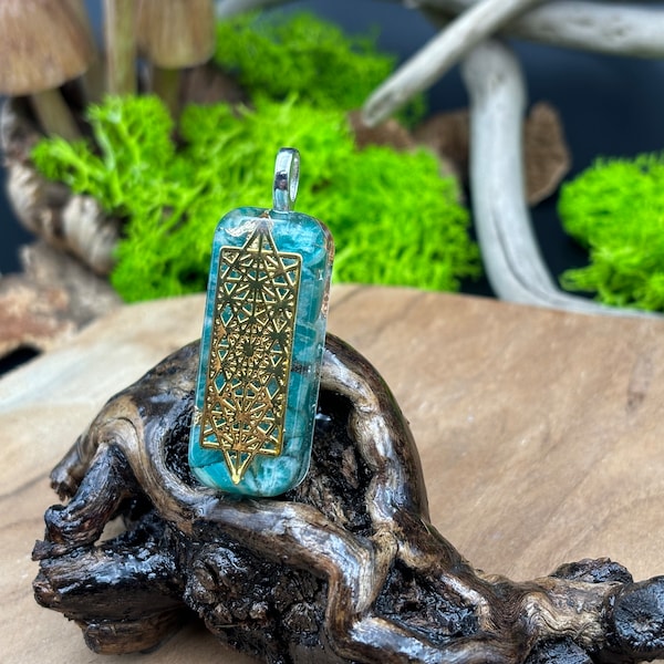 Orgonite pendant "Heavenly Balance of the Kabbalistic Tree", with Amazonite, rock crystal, 24 carat gold leaf