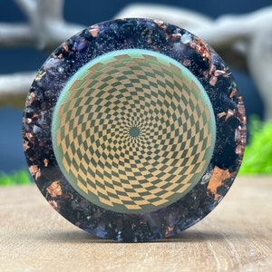 Orgonite disc &quot;Energetic Torus&quot;, with black tourmaline, carborandite, crystal, copper, 24-carat gold leaf, silver leaf...
