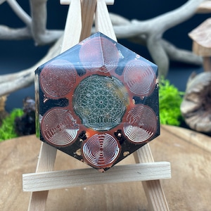 Handcrafted Orgonite Hexagon &quot;Etheric Harmony&quot;, with radionic map, lakhovsky antenna, shungite, tourmaline, crystal, copper...