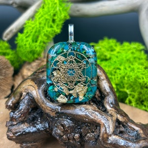 Celestial Harmony of Chrysocolla, handcrafted orgonite pendant with symbol of Metatron, chrysocolla and rock crystal.