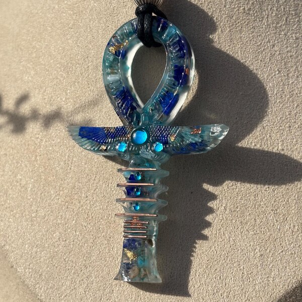 Handcrafted Ankh key in lapis lazuli and blue apatite – Egyptian energy pendant – Handmade spiritual jewelry