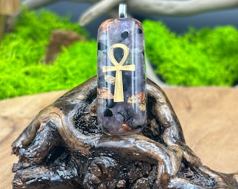 Handcrafted orgonite pendant "Key of Cosmic Balance", composed of the Ankh cross, amethyst, tourmaline, rock crystal