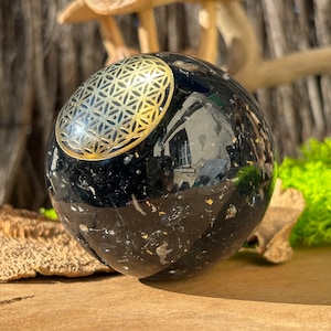 Sphère Fleur de vie, Tourmaline noire, cristal de roche