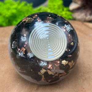 Handmade Orgonite &quot;Lakhovsky Harmony Dome&quot;, with raw black obsidian, crystal, 24 carat gold leaf, copper, silver leaf