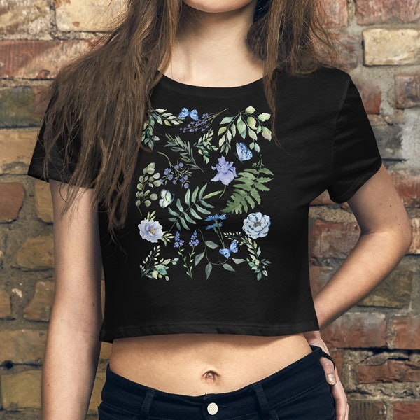 Floral pressed flower crop top tshirt, y2k style baby tee, botanical floral cropped teeshirt, Plant lover gift for her