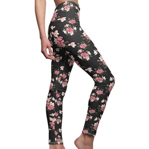 Floral print womens yoga leggings, goth casual leggings for women, colorful cute leggings, botanical rose print low rise tights