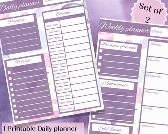 May include: A printable daily planner and weekly planner set with a floral and butterfly design. The daily planner has a schedule section with time slots from 5 am to 9 pm. The weekly planner has a section for priorities of the week and appointments. Both planners have a to-do list section.