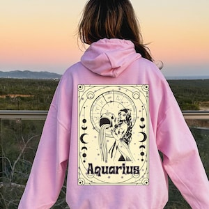 Light pink Aquarius zodiac astrology hoodie for women, horoscope gifts for her, Celestial aesthetic tarot sweatshirt, back print sweater