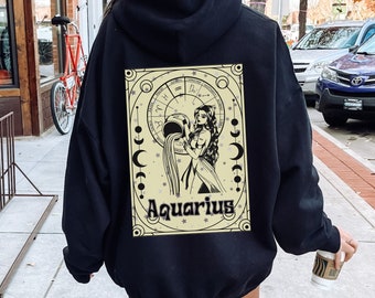 Black Aquarius zodiac astrology hoodie for women, horoscope gifts for her, Celestial aesthetic tarot sweatshirt, birthday month sweatshirt