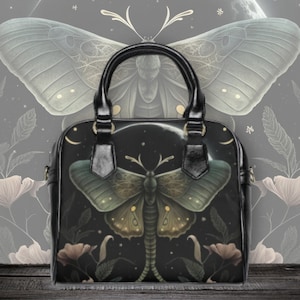 Floral moth print handbag, moth and moon cottagecore printed purse, fairycore shoulder bag, naturecore witchy vibe accessories
