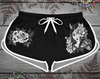 Women's oni floral print athletic shorts, japanese geisha print clothing, rose flower tattoo design casual bottoms for her