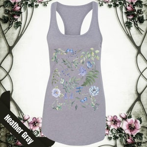 May include: A heather gray tank top with a floral print featuring blue flowers, green leaves, and blue butterflies.