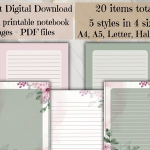 Ästhetisches Notizbuch, liniertes Papier zum Ausdrucken, Niedliche Notizseiten mit Blumenmuster, Sofortiger Download schönes Notizbuch Papier für Scrapbooking