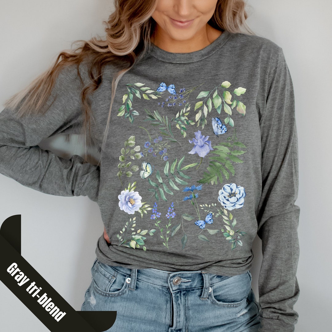 Botanical Pressed Flowers Long Sleeve Shirt, Flower Shirt, Vintage Flower Tshirt, Wildflower