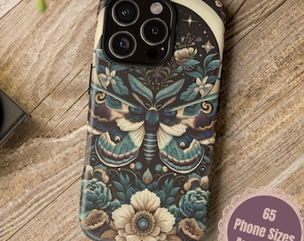 Floral Moth and moon gothic phone case, Botanical print witchy esoteric phone protector, Iphone case, Samsung case, Google Pixel phone case