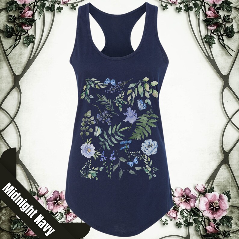 May include: A navy blue racerback tank top with a floral print featuring blue and green leaves, white flowers, and butterflies.