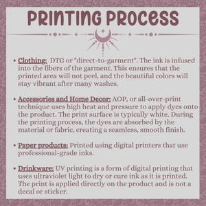 May include: A pink and white graphic with the text "PRINTING PROCESS" in brown text. The graphic explains the different printing methods used for clothing, accessories, paper products, and drinkware.