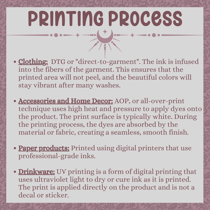 May include: A pink and white graphic with the text "PRINTING PROCESS" in brown text. The graphic explains the different printing methods used for clothing, accessories, paper products, and drinkware.