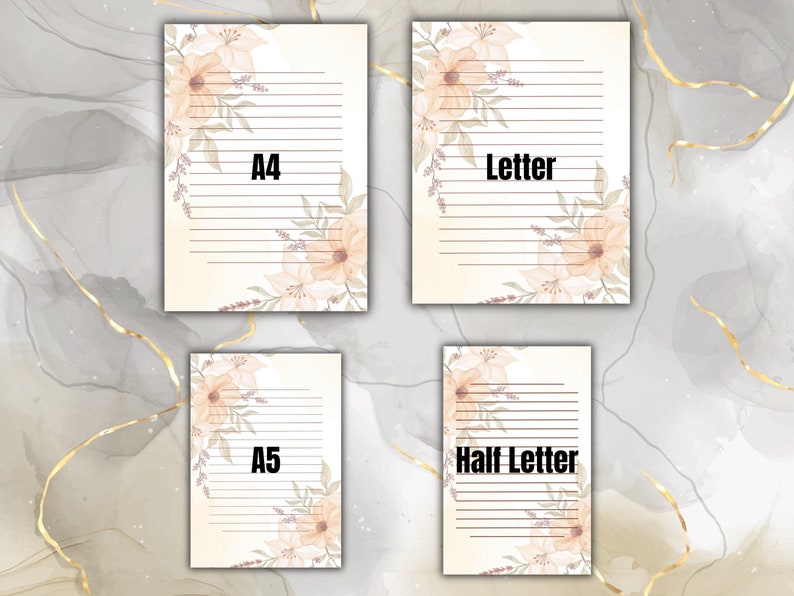 May include: Four printable lined paper templates with a floral design in shades of peach and brown. The templates are labeled "A4", "Letter", "A5", and "Half Letter".