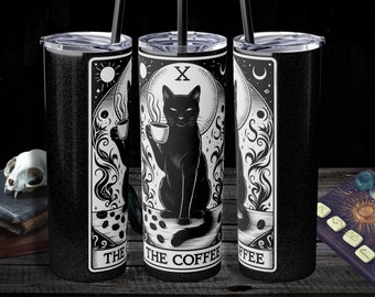 The coffee black cat tarot skinny tumbler with straw, 20oz witchy slim tumbler, gothic cottagecore tarot card print cup for her