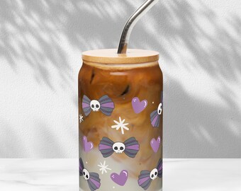 Dark academia kawaii libbey glass tumbler, Cute skull print travel mug cup, Pastel goth drinkware, housewarming gift, self care gift