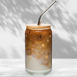 Celestial print Glass tumbler, Whimsigoth iced coffee glass cup, Boho cottagecore minimalist drink glass with lid and straw