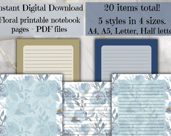 May include: A digital download of 20 printable notebook pages featuring a blue floral design. The pages are available in 5 styles and 4 sizes: A4, A5, Letter, and Half Letter.