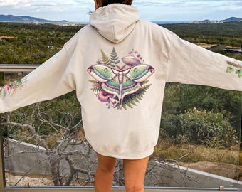 Moth Graphic Hoodie, Cottagecore Mushroom Arm Print Hoodie, Moon Sweatshirt, Fairycore Shirt, Dark Academia Clothing Gift For Goth Gardener