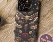 Floral Moth and moon moody phone case, Botanical print witchy esoteric phone protector, Iphone case, Samsung case, Google Pixel phone case