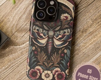 Floral Moth and moon gothic phone case, Botanical print witchy esoteric phone protector, Iphone case, Samsung case, Google Pixel phone case