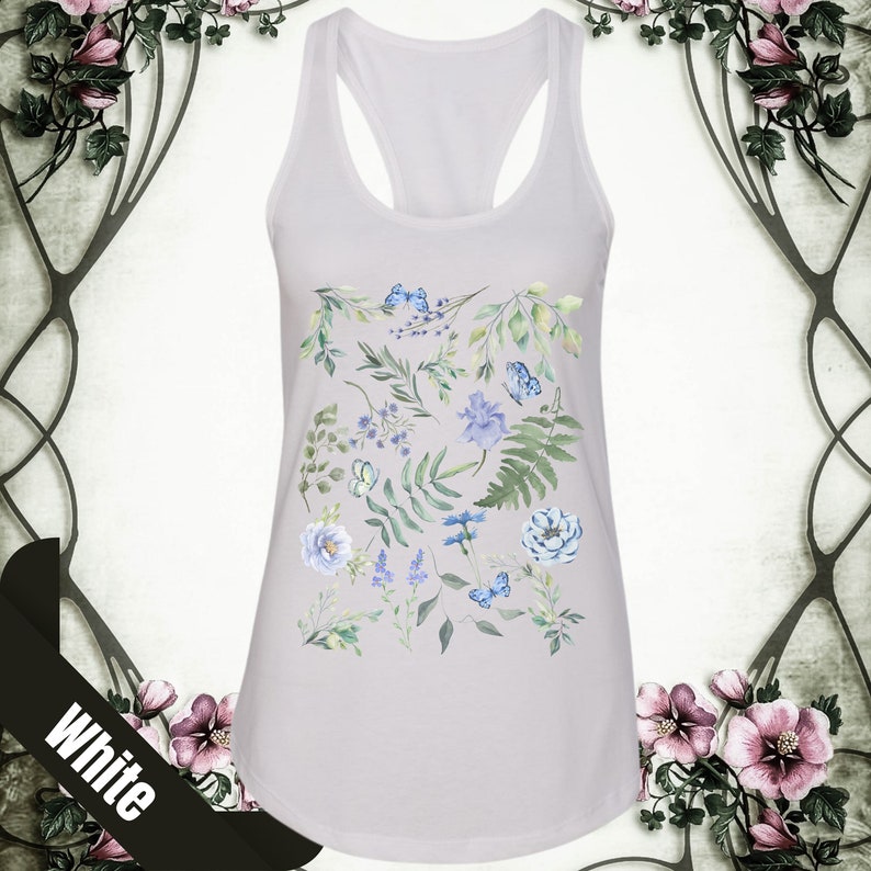 May include: White tank top with a floral print featuring blue and green flowers, leaves, and butterflies.