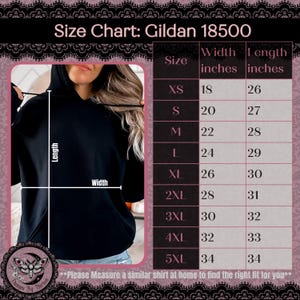 May include: Size chart for Gildan 18500 hoodies, showing width and length measurements in inches for sizes XS to 5XL.  The chart includes a photo of a black hoodie with a hood.