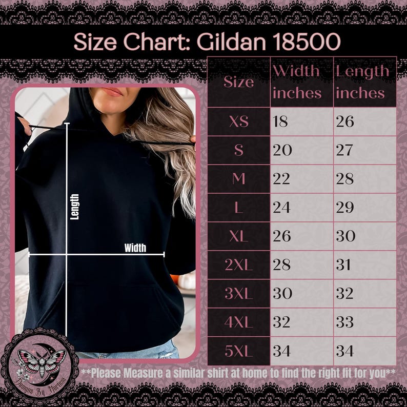 May include: Size chart for Gildan 18500 hoodies, showing width and length measurements in inches for sizes XS to 5XL.  The chart includes a photo of a black hoodie with a hood.