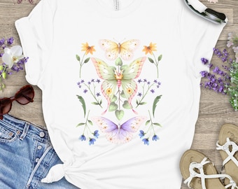 Camicia con falena floreale Cottagecore, abbigliamento lunare Goblincore Dark Academia, maglietta da strega botanica Bella Canvas, maglietta da giardinaggio con farfalle