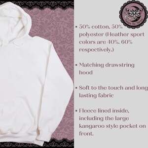 May include: White hooded sweatshirt with a large kangaroo pocket on the front. The sweatshirt is made of a soft, comfortable blend of cotton and polyester. It features a matching drawstring hood and a fleece lining for added warmth.