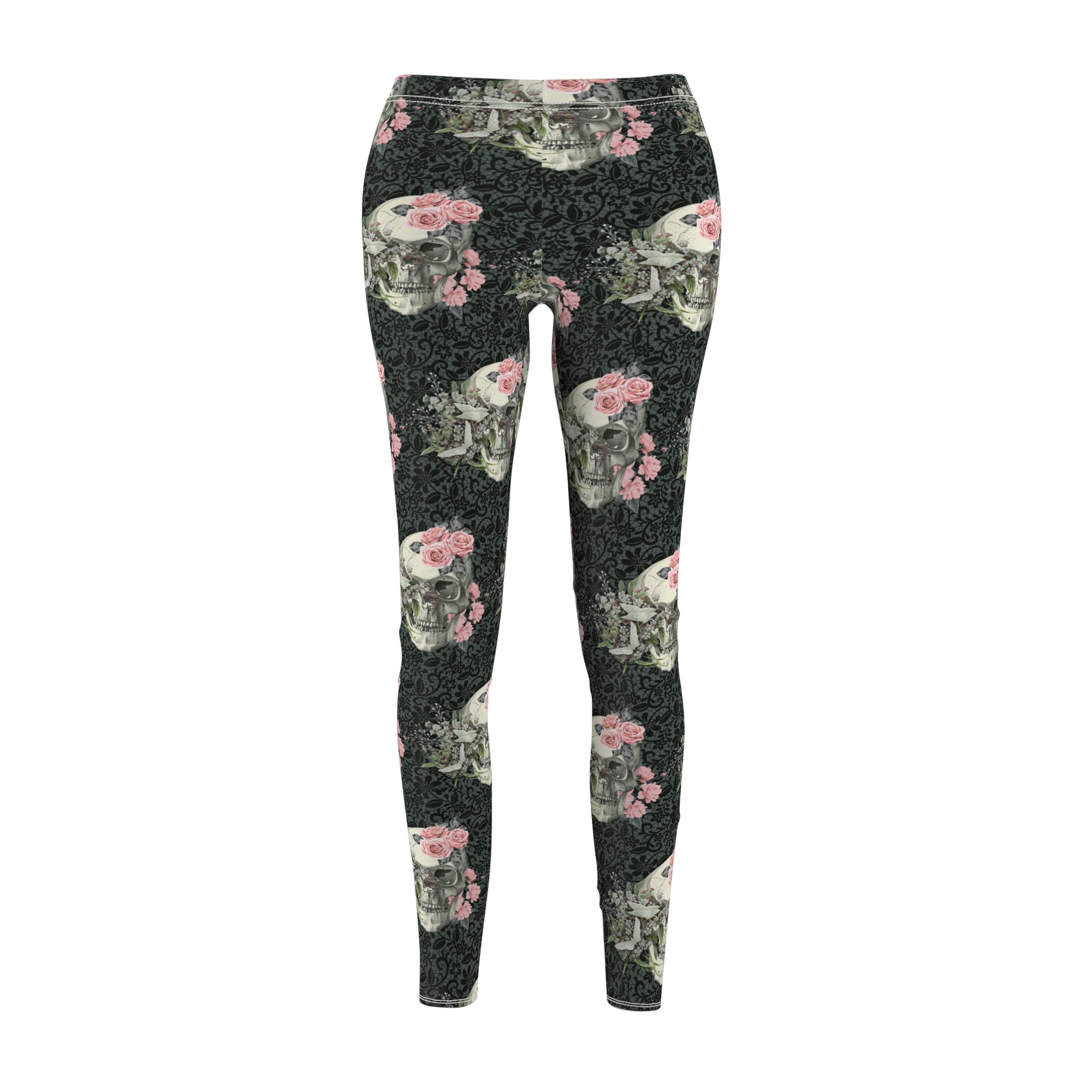 Daisies and Skulls Leggings for Women Mid Waist Pants with Daisy