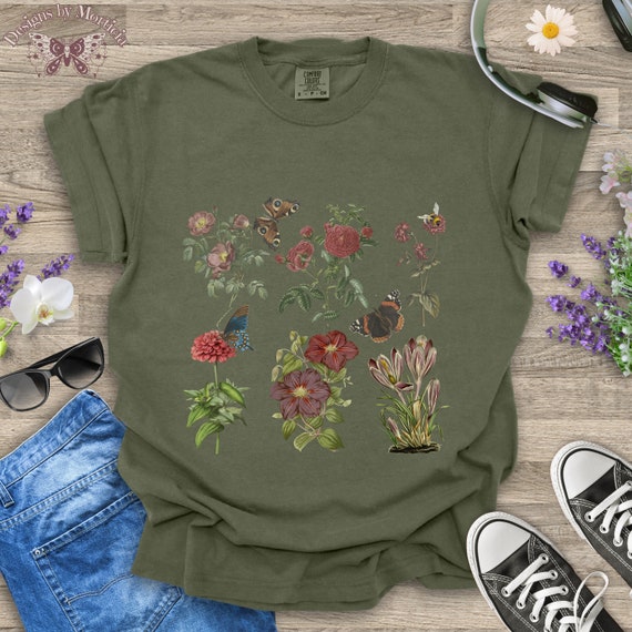 Women's Vintage Boho T-Shirt - Butterfly & Moon Moth Floral Graphic, Short Sleeve, Cotton Blend Top