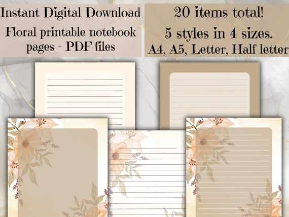 Floral aesthetic printable lined stationary paper, Cute flower print note pages, Instant download pretty notebook paper for scrapbooking