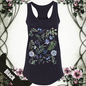 May include: A black racerback tank top with a floral print featuring blue and green leaves, flowers, and butterflies.