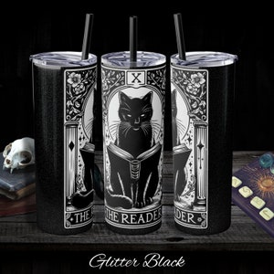 The reader black cat tarot skinny tumbler with straw, 20oz witchy slim tumbler, gothic cottagecore tarot card print cup for her image 1