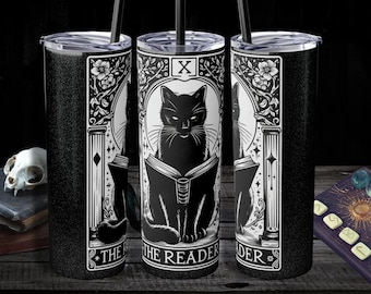 The reader black cat tarot skinny tumbler with straw, 20oz witchy slim tumbler, gothic cottagecore tarot card print cup for her