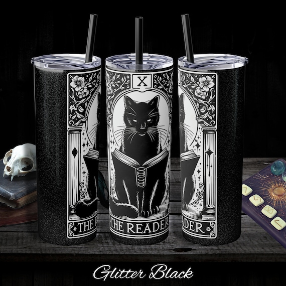 The reader black cat tarot skinny tumbler with straw, 20oz witchy slim tumbler, gothic cottagecore tarot card print cup for her