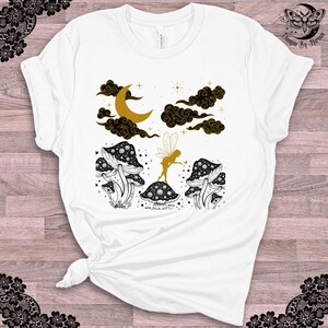 Cottagecore mushroom tshirt, garden fairy gothic clothing, fairy and moon festival print graphic teeshirt