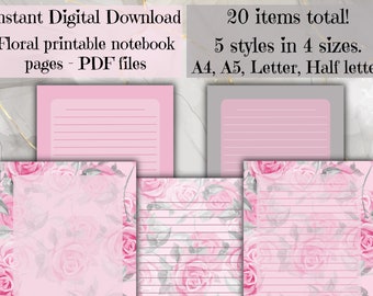 May include: Printable notebook pages featuring a floral design with pink roses and gray leaves. The pages are available in five styles and four sizes: A4, A5, Letter, and Half Letter. The text "Instant Digital Download" and "20 items total!" is visible at the top of the image.
