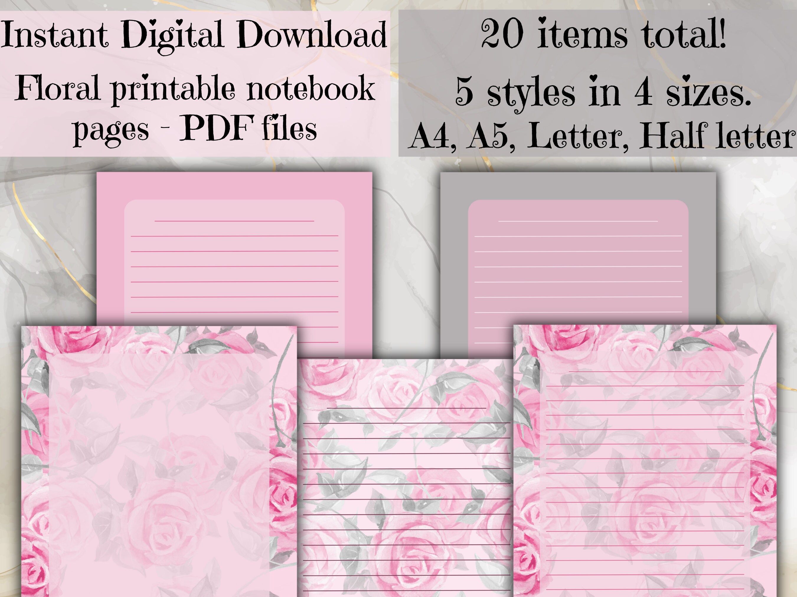 Floral Aesthetic Printable Lined Stationary Paper, Cute Rose Print Note ...